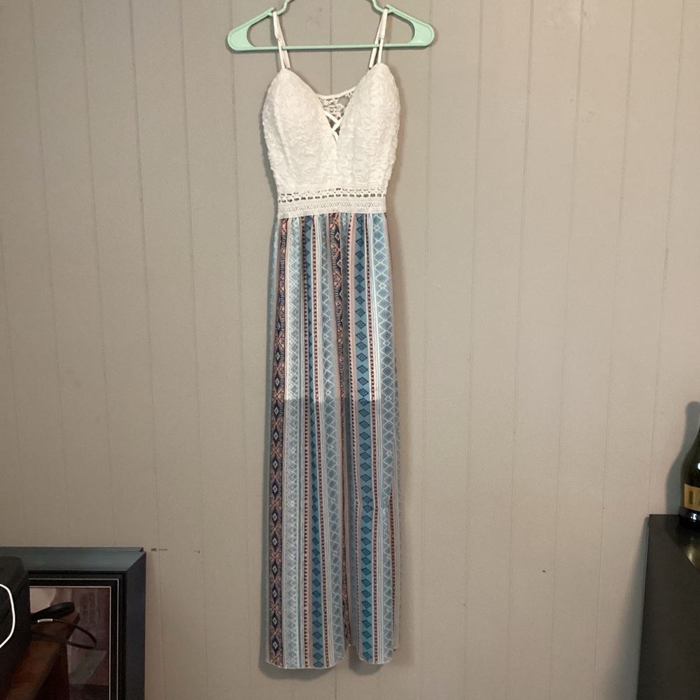 Elegant White and Blue Striped Maxi Dress